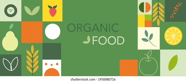 Organic food banner. Fruits and vegetables. In a minimalistic style. Great for flyer, web poster, natural product presentation templates, cover design. Vector