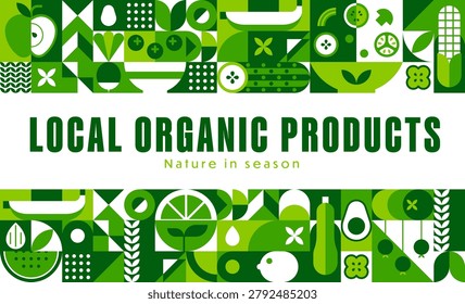 Organic food banner with geometric pattern of fruits and vegetables, vector background. Organic farm food pattern with geometric cucumber and corn, green avocado and zucchini with apple and watermelon