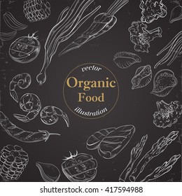 Organic food banner for menu restaurant.  Fresh vegetables.Linear graphic. Vector illustration on chalkboard