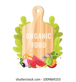 Organic food banner. Natural vegetables with cutting board.