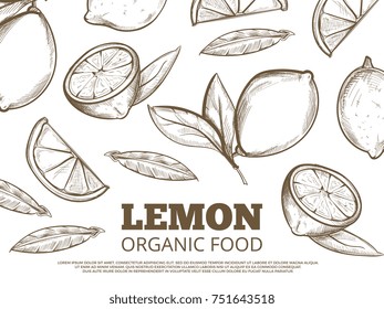 Organic food banner poster with hand drawn lemons. Vector illustration