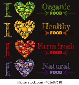 Organic food banner set template, heart icons. Fruit vegetable vector illustration. Fruits - strawberry, papaya, melon.Vegetables - onion, broccoli, cauliflower, cucumber. Nuts - peanut, hazelnut.