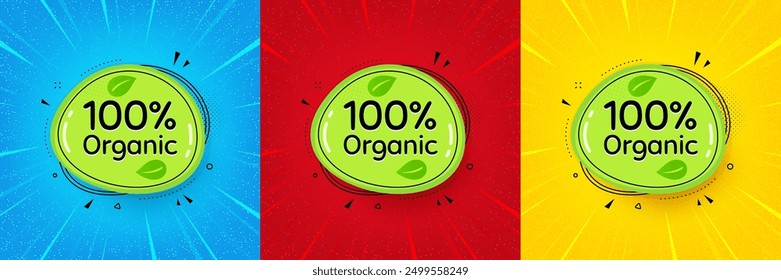 Organic food banner. Sunburst offer banner, flyer or poster. Nature bio product tag. Vegetarian eco icon. Organic food promo event banner. Starburst pop art coupon. Special deal. Vector