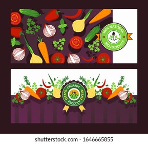 Organic food and bio product label vector illustration with healthy natural and eco concept on horizontal banner for farm market. Organically grown onion, carrot, tomato, pepper and cucumber.