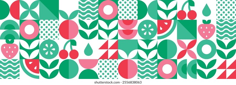 Organic food, bio.Seamless pattern.Abstract geometric design with fruits, leaves and berries.Set of modern simple icons in bauhaus flat style.Elements isolated on white background.Vector illustration.