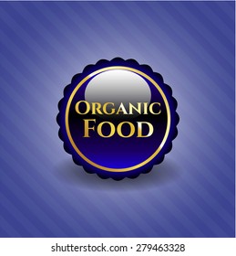 Organic food blue shiny badge with blue background