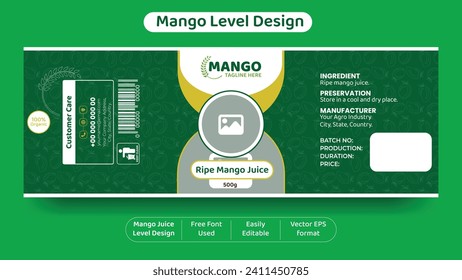 El diseño de la marca de alimentos orgánicos a nivel de jugo de mango para el embalaje de botes, tarros o cajas también utiliza cualquier nivelación de alimentos o productos con fondo de color verde fresco e ilustración de vectores sin fisuras.