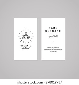 Organic Food Business Card Design Concept. Logo With Blueberry, Crown And Rays. Vintage, Hipster And Retro Style. Black And White.