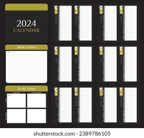 Organic food business Desk calendar template for 2024 year. Desk calendar in a minimalist style. Planner for 2024 year. Notes, To do today, vector design set in nice gray and jungle green background. 