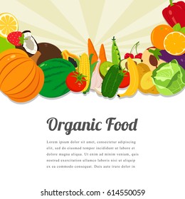 Organic food card design. Food background with colorful fruits and vegetables. Organic food concept. Vector illustration