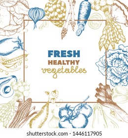 Organic food card design. Farmers market menu design. Organic vegetables poster. Vintage hand drawn sketch vector illustration. Linear graphic