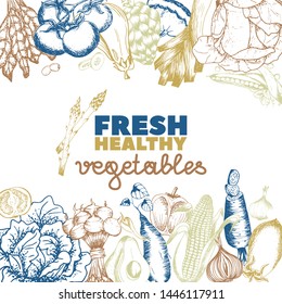 Organic food card design. Farmers market menu design. Organic vegetables poster. Vintage hand drawn sketch vector illustration. Linear graphic