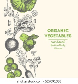 Organic food card design. Farmers market menu design. Organic food poster. Vintage hand drawn sketch vector illustration. Linear graphic.