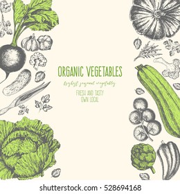 Organic food card design. Farmers market menu design. Organic food poster. Vintage hand drawn sketch vector illustration. Linear graphic.