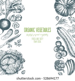 Organic food card design. Farmers market menu design. Organic food poster. Vintage hand drawn sketch vector illustration. Linear graphic.