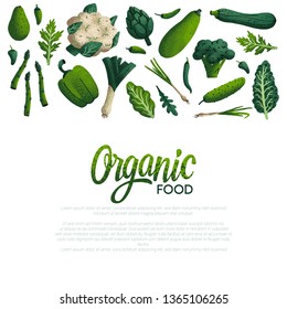 Organic food card design. Variety of decorative green vegetables with grain texture on white background. Farmers market, Organic food poster or banner design. Vector illustration