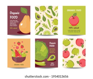 Organic food cards set: apple, pear, tomato, greens, cabbage, berries, watermelon, avocado. Vector.