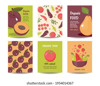 Organic food cards set: plums, pears, tomatoes, greens, berries, watermelon. Vector.