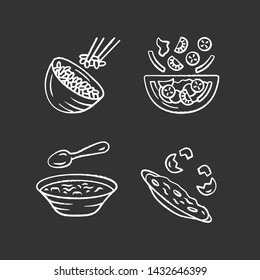 Organic food chalk icons set. Rice, vegetables, eggs. Salad, soup, omelett. Healthy nutrition. Dinner, supper restaurant menu. First, second course. Isolated vector chalkboard illustrations