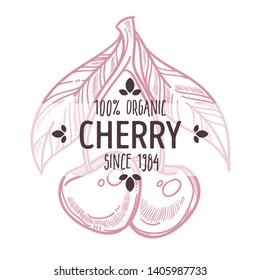 Organic food cherry isolated icon with lettering garden berry silhouette vector natural product farm market grocery store and shop harvest emblem or logo agriculture and cultivation or growing