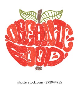 Organic food colored. Letters in apple shape. Organic food background. Stamp shape.