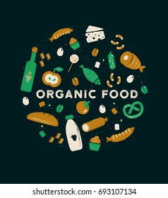 Organic food composition in retro style. Concept for organic, ecofood market. Hand drawn style elements.