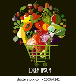 Organic food concept. Food basket with fruits and vegetables. Vector illustration