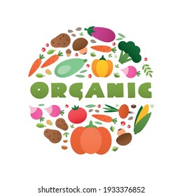 
Organic food concept. Circle composition of vegetables and fruits drawn in a flat style. Vector 10 EPS.