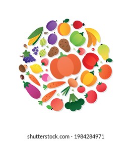Organic food concept. Circle composition of vegetables and fruits drawn in a flat style. Vector 10 EPS.