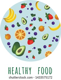 Organic food concept in circle with thin line icons of fresh natural products, vegetarian groceries. Vector illustration for banner, web page about healthy nutrition.
