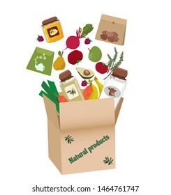 Organic food. The concept of healthy food.  Paper box with food, milk, vegetables, fruit, honey.  Vector illustration on white background.