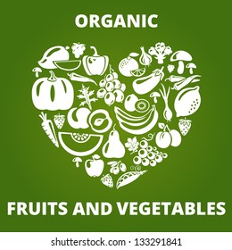 Organic food concept. Heart shape with organic vegetables and fruits icons. Vector illustration