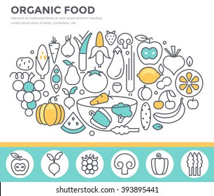 Organic food concept illustration, thin line flat design