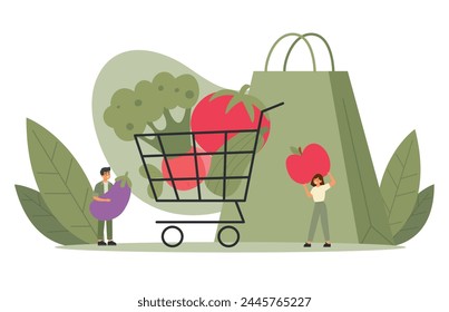 Organic food concept. Man and woman put vegetables into shopping trolley. Vector illustration