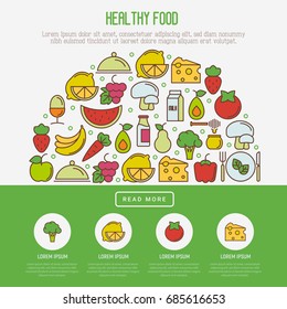 Organic food concept with thin line icons of fresh natural products, vegetarian groceries. Vector illustration for banner, web page about healthy nutrition.