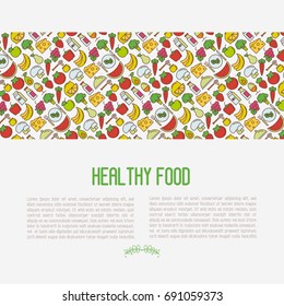 Organic food concept with thin line icons of fresh natural products, vegetarian groceries. Vector illustration for banner, web page about healthy nutrition.