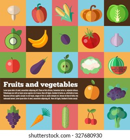 Organic food concept vector background. Fruits and Vegetables icons. Illustration of dietary and organic products for print and web design. 