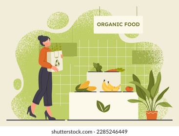 Organic food concept. Woman with bag of recycled materials in supermarket or grocery store chooses vegetables and fruits. Vegetarian diet and healthy lifestyle. Cartoon flat vector illustration