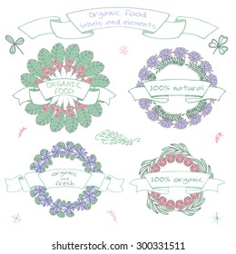 Organic food and cosmetics labels and elements, Set of hand drawn icons for restaurants and organic products shops and fresh farms, vegan food. Eco, Bio, Natural vector labels editable for your design