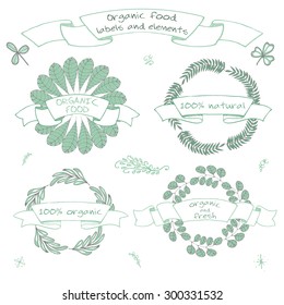 Organic food and cosmetics labels and elements, Set of hand drawn icons for restaurants and organic products shops and fresh farms, vegan food. Eco, Bio, Natural vector labels editable for your design