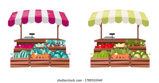 Organic food counter flat color vector objects set. Fresh vegetable and fruit street market. Local and natural food shop isolated cartoon illustration for web graphic design and animation collection