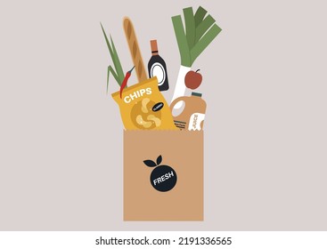Organic food delivery, fruits, vegetables, snacks, and cooking ingredients falling into a paper bag