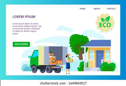 Organic Food Delivery Truck, Eco Products From Local Farm, Vector Illustration. Healthy Food Delivery Website, Woman Carrying Basket Of Fresh Products Home. Order Eco Groceries Online, Farmer Market