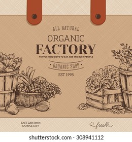 Organic food design template. Healthy eating background.  Canvas bag. Vector illustration.