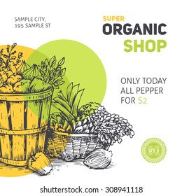 Organic food design template. Healthy eating background. Vector illustration