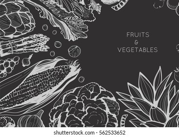 Organic food design template. Healthy vegetables and fruits frame, hand drawn, vector background