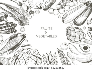 Organic food design template. Healthy vegetables and fruits frame, hand drawn, vector background