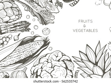 Organic food design template. Healthy vegetables and fruits frame, hand drawn, vector background