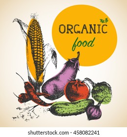 Organic food design.Vegetarian vegetable 100% organic food for paper, textile, fabric, wrapper, wallpaper. Vector illustration.