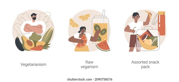 Organic food diet abstract concept vector illustration set. Vegetarianism and raw veganism, assorted snack pack, body detox, healthy nutrition, green salad, sate hunger, food abstract metaphor.